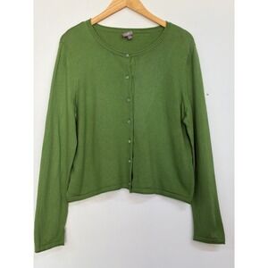J Jill Womens L Green Button Front Cardigan Sweater Cotton Blend Lightweight